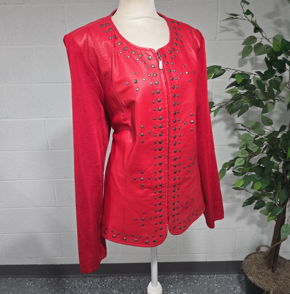 Peter Nygard Studded Leather Tailored Hybrid Knit Red Jacket Glam Large